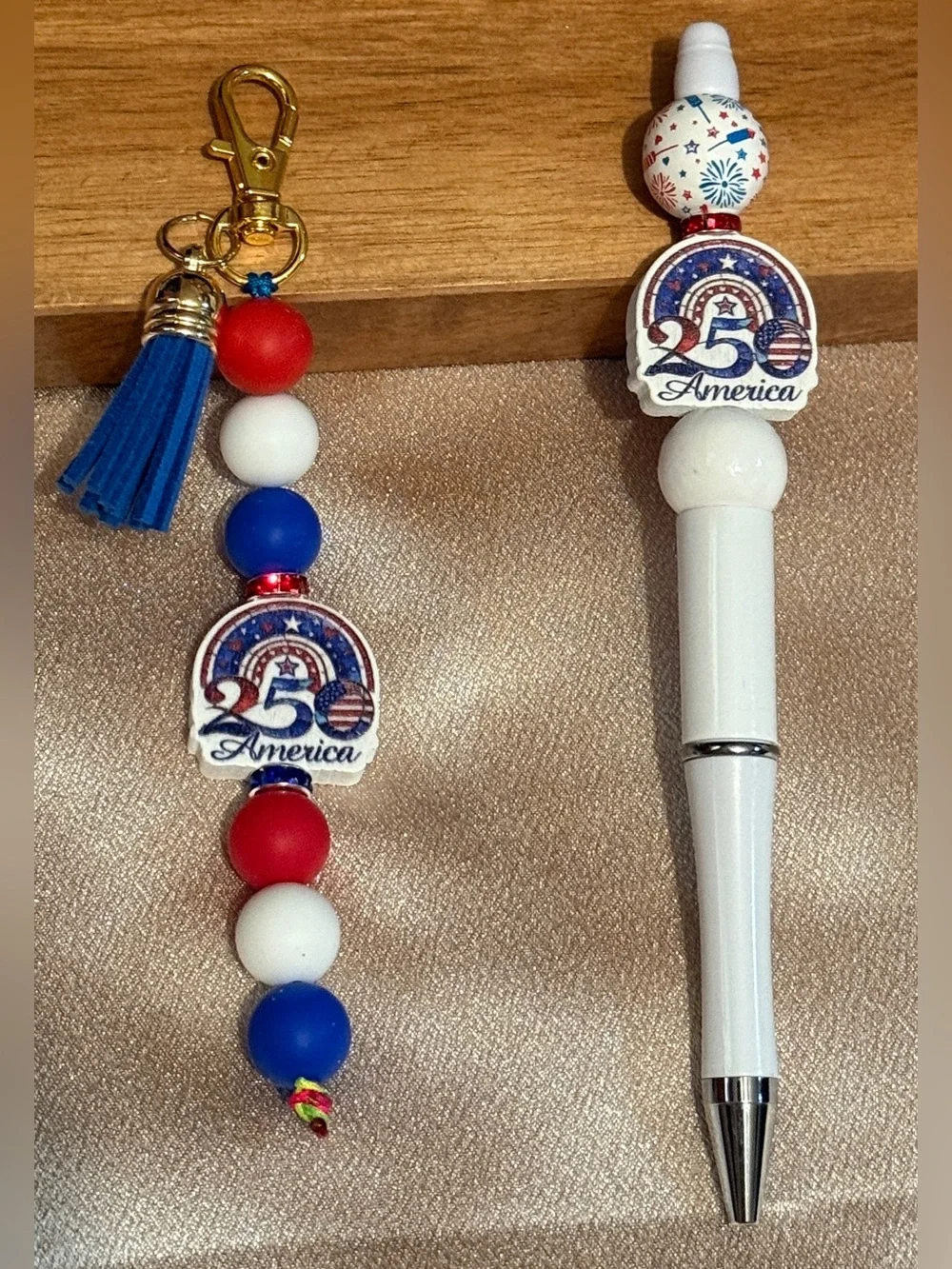 Patriotic 4th of July Beaded Pen Keychain Wristlet Set USA Gnome Gift BTJ